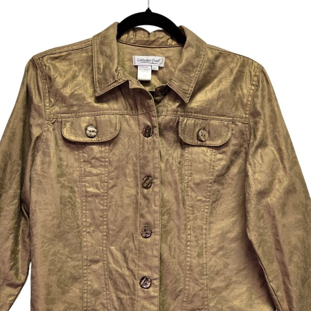 Coldwater Creek‎ Trucker Jacket Metallic Gold Floral Damask PM Petite Shimmer